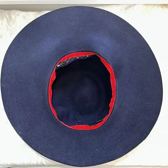 Vintage 60s Navy Blue Felt Wide Brimmed Hat with Lace Detailing‎ - Picture 6 of 8